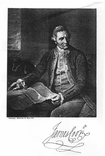 Engraving of Captain James Cook with a facsimile of his signature