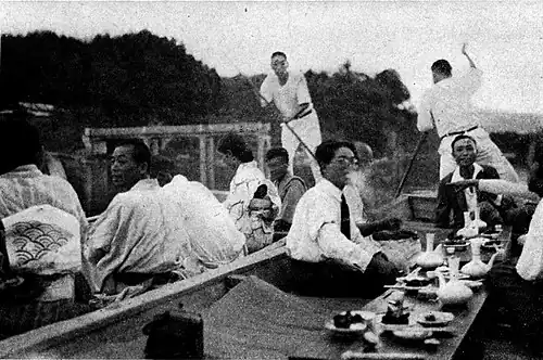 A banquet on the Kuma river. (To celebrate the installation of a telephone in the village office. The banqueters are village officials.)