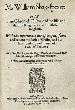 Title page of a 1608 edition of William Shakespeare's King Lear