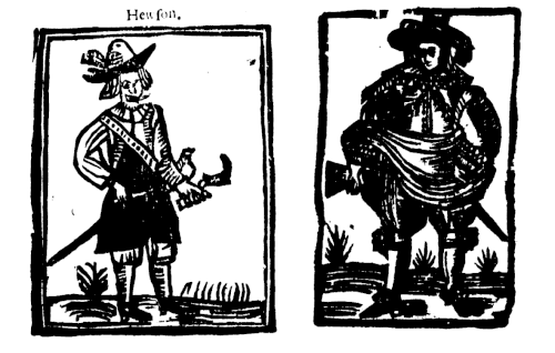 Left: man standing with hand on hip, wearing a sword, shoulder-belt, and bandoleer, labeled "Hewson". Right: Standing man wearing coat, cape, and gloves, and carrying a gun.