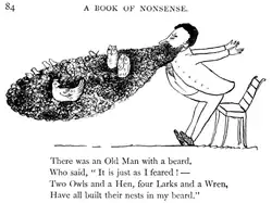 Ink drawing of a man with birds nesting in his large beard. Caption limerick: There was an Old Man with a beard; Who said, 'It is just as I feared! Two Owls and a Hen; Four Larks and a Wren; Have all built their nests in my beard!