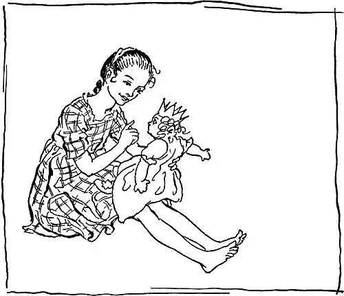 alt=Nichette sat down on the floor with Mignon in her arms