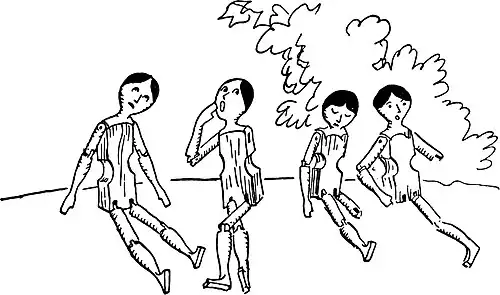 Nichette led the Queen to the rosebush where the four dolls were waiting in the same patient row.