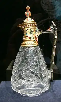 Photograph of an Egyptian 10th-11th century carved-rock-crystal ewer with enamelled gold mounts.