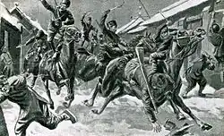 Black and white drawing of a regiment of Cossacks entering a village in Manchuria