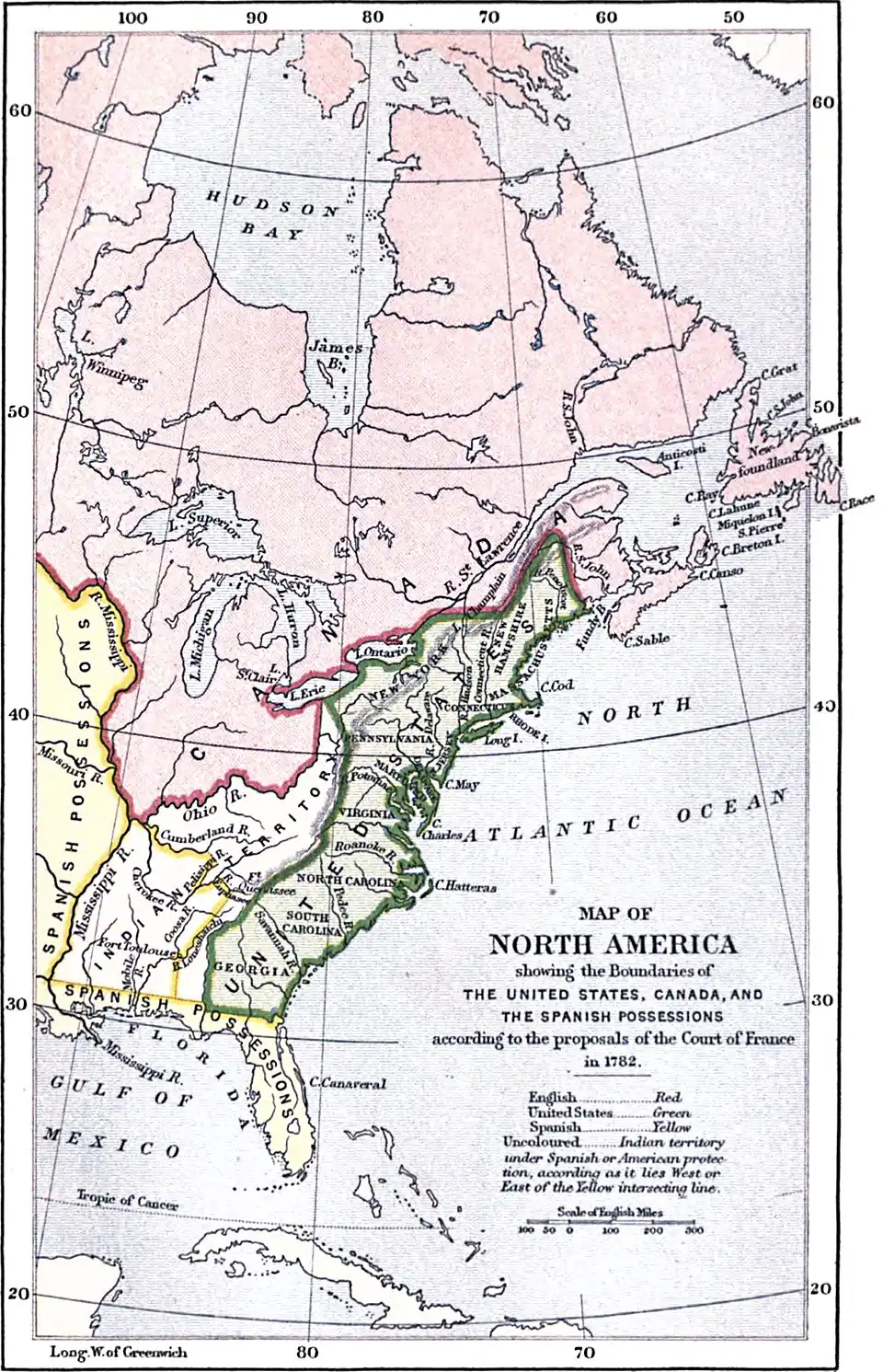 Map of North America, showing the Boundaries of the United States, Canada, and the Spanish possessions according to the proposals of the Court of France in 1782