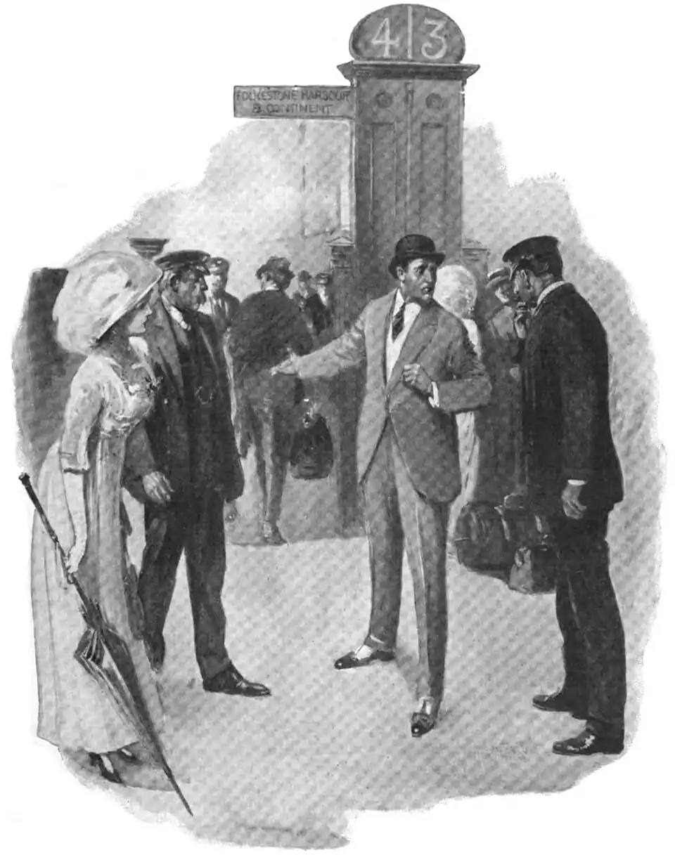 Illustration of a man gesturing in a train station to two porters and a woman