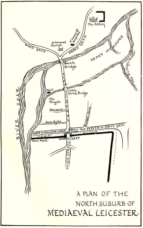 Map showing the North suberb of Medieval Leicester