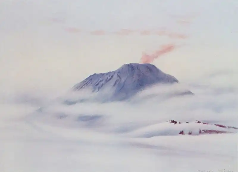 Watercolour of a lightly smoking volcano, its base obscured by clouds