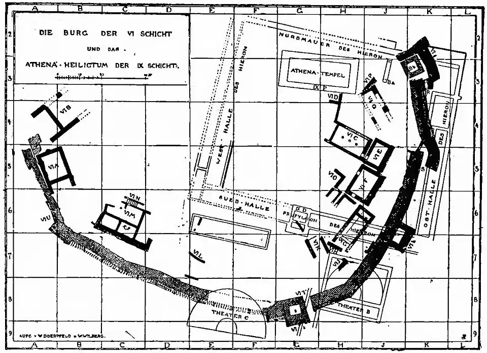 Plan III - Citadel of Mycenaean Troy (VI Stratum) and Athena Precinct of Roman Ilion (IX Stratum)
