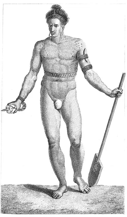 Engraving of a man wearing only a seashell over his genitals, with round scarification on his shoulders