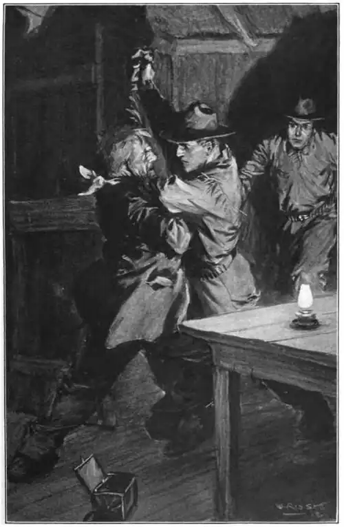 Illustration of two men grappling in a cabin while a third man approaches