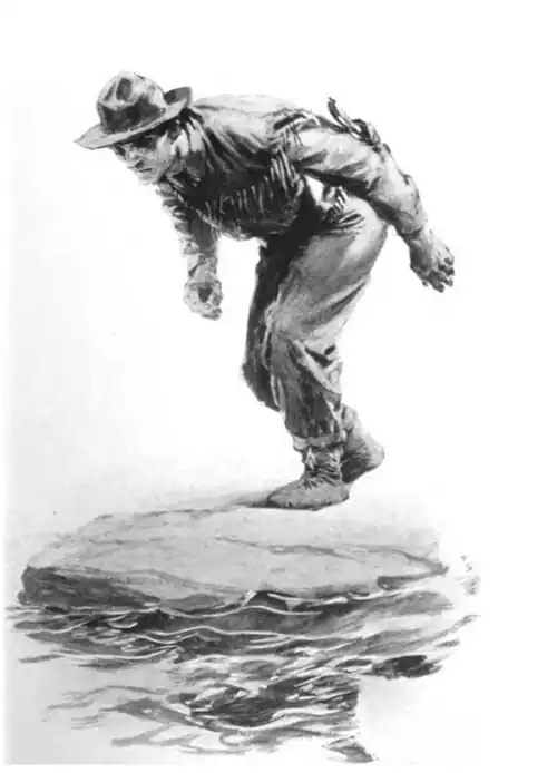 Illustration of a man in buckskins hunched over a flat rock jutting into flowing water