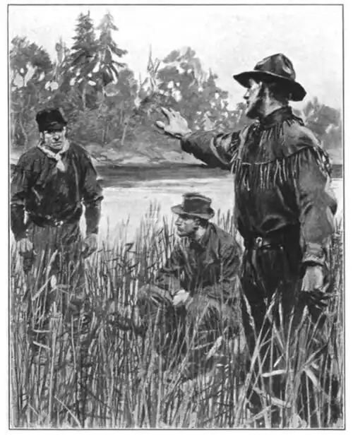 Illustration of three men on a reedy lakeshore, one with his hand raised in warning to another while a third sits on a log between them
