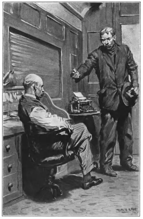 Illustration of a standing man threatening an unreacting seated man in a compact office space
