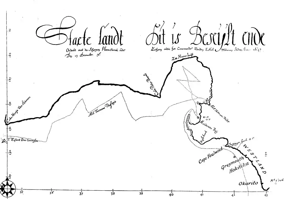 Fold-out reproduction of Abel Janzoon Tasman's chart mapping the West Coast of New Zealand. Modern settlements of Greymouth, Hokitika, and Okarito have been added as well as Cape Foulwind and Mt Cook.