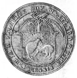 The seal for the province of Westland - a shield with two kiwis and a tree fern above