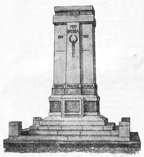 Memorial in Greymouth to West Coast people who have died in conflicts. A central column with a plaque near the top of the stepped base.