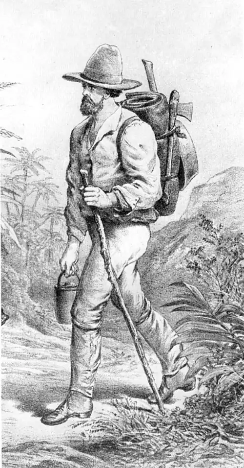 A sketch of a bearded gold digger walking on a track holding a billy in his right hand and a walking stick in his left hand. On his back is his swag with an axe and pan tied on.