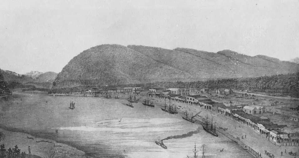 Painting of a wide river with hills in the background, a line of buildings along the riverbank