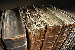 Colour photograph of the top of old books on a shelf, with frayed edges, warped pages and similar signs of age.