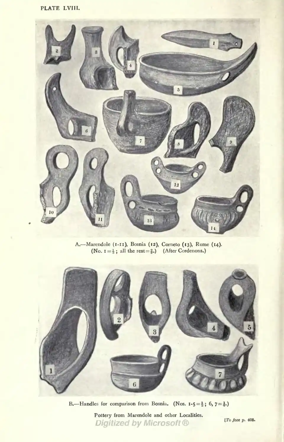 A.—Marendole (1-11), Bosnia (12), Corneto (13), Rome (14). (No, 1 = ½; all the rest = 2/9.) (After Cordenons.) B.—Handles for comparison from Bosnia. (Nos. 1-5 = ½; 6, 7 = ¼.) Pottery from Marendole and other Localities [To face p. 405.