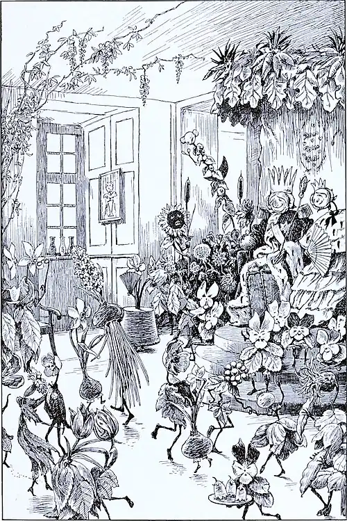 DOWN ON THE FLOOR THE FLOWERS WERE DANCING MOST GRACEFULLY ROUND AND ROUND, HOLDING EACH OTHER BY THEIR LONG, GREEN LEAVES.