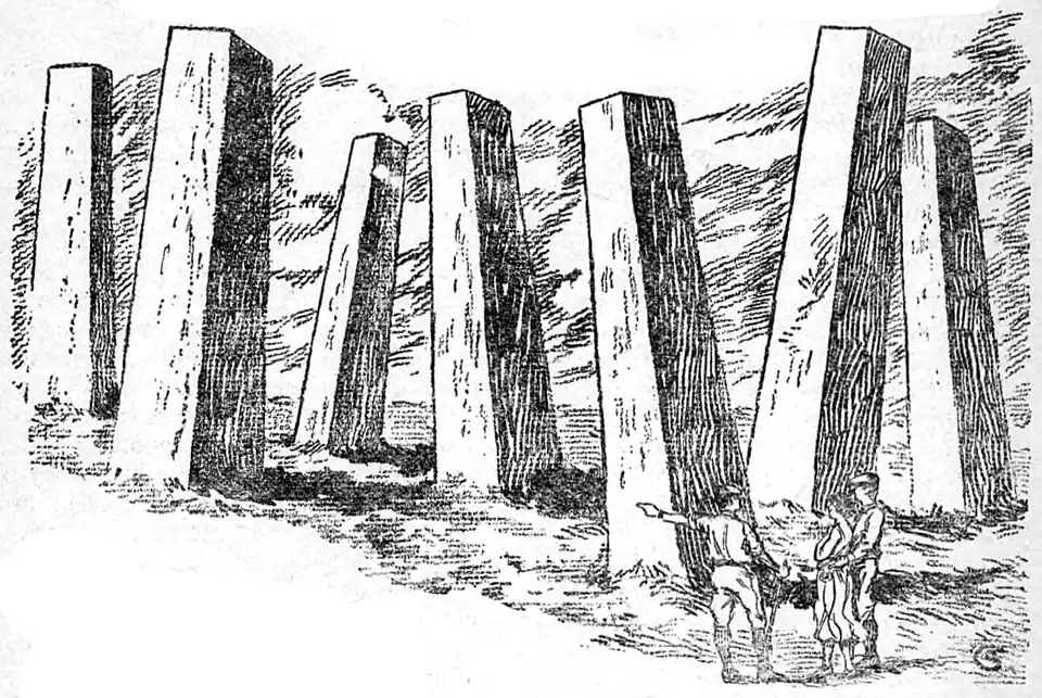 Two figures stand near a field of towering obelisks