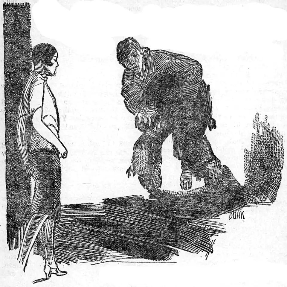 A figure in shadow carries a corpse toward a woman