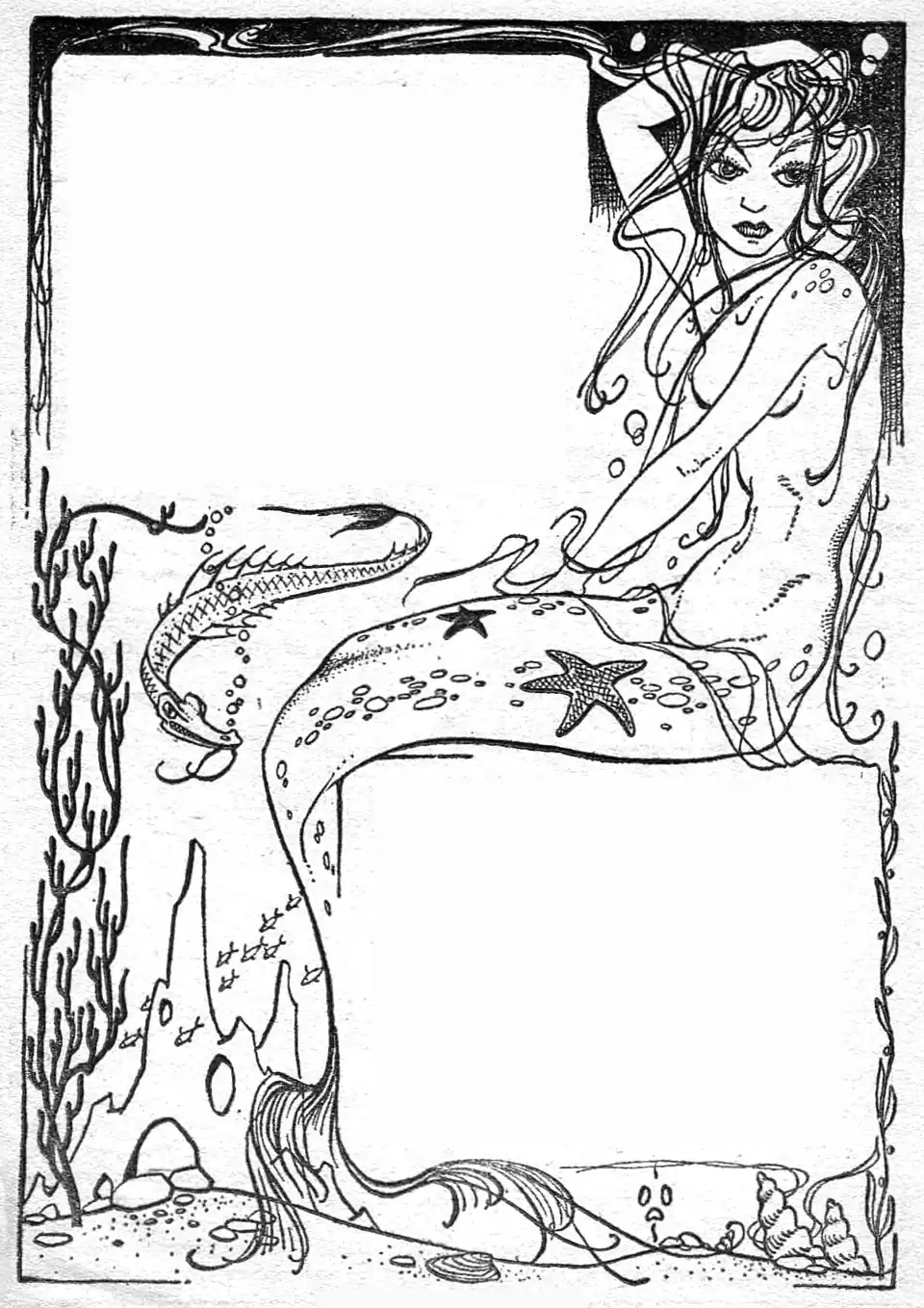 Illustrated border featuring a mermaid, an underwater castle in the distance