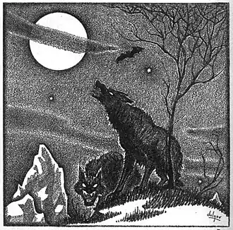 Illustration of two menacing wolves under the moon