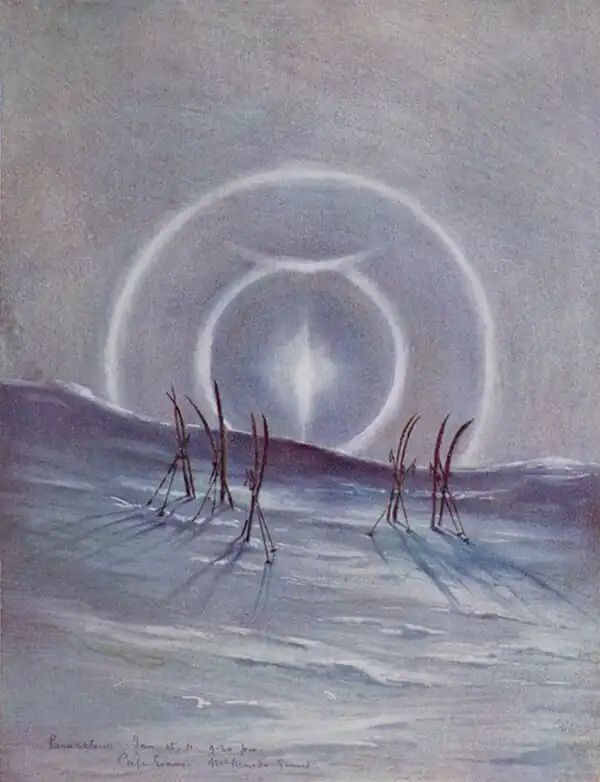 Watercolour painting of moondog rings and arcs behind a snowy hill with five pairs of skis and ski poles sticking up