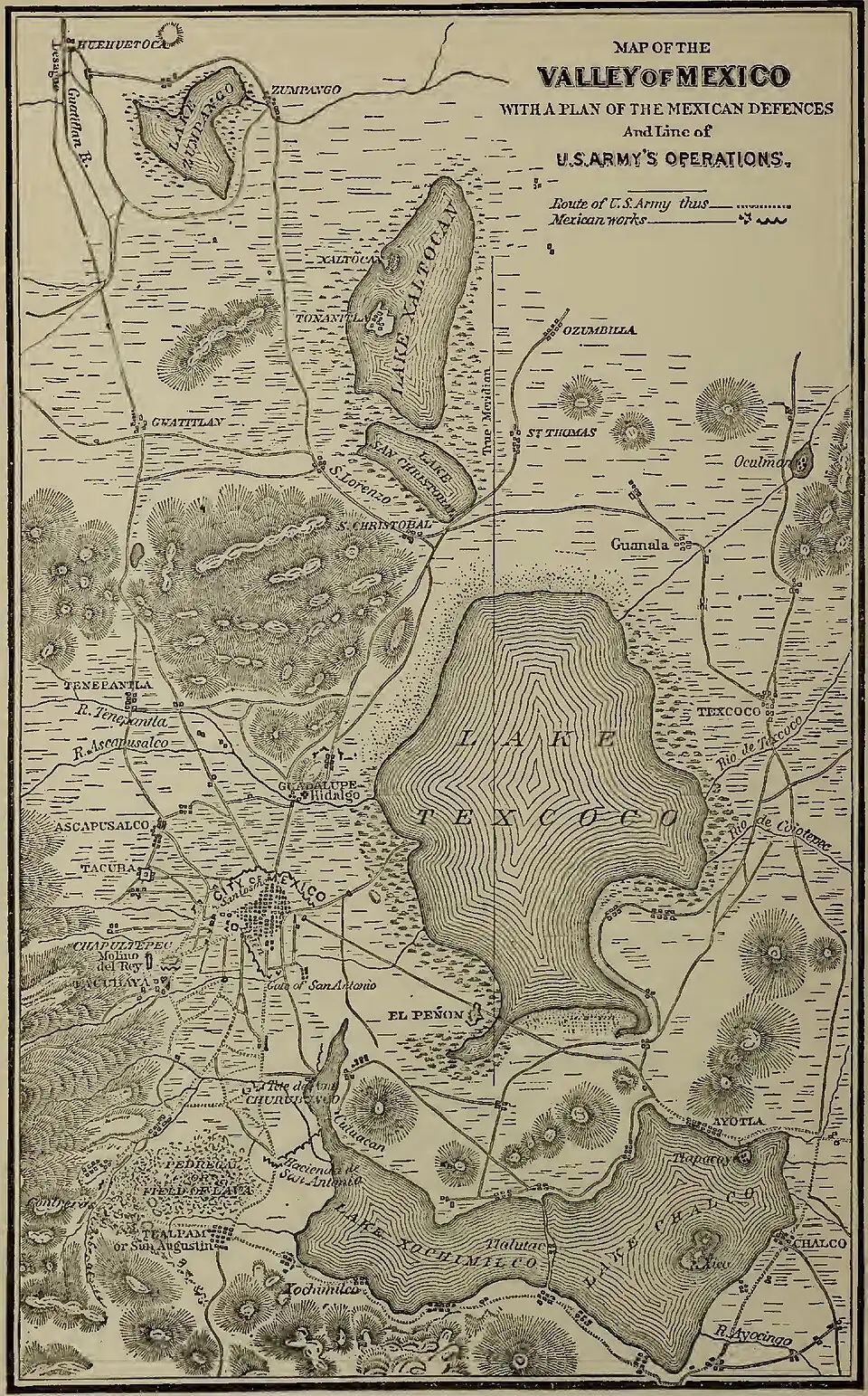A map of the Valley of Mexico with a plan of the Mexican defences and line of U. S. Army's operations, with the City of Mexico to the west of Lake Texoco and north of Lake Xopuimilco, and several lines converging on the city, signifying American and Mexican forces fighting there