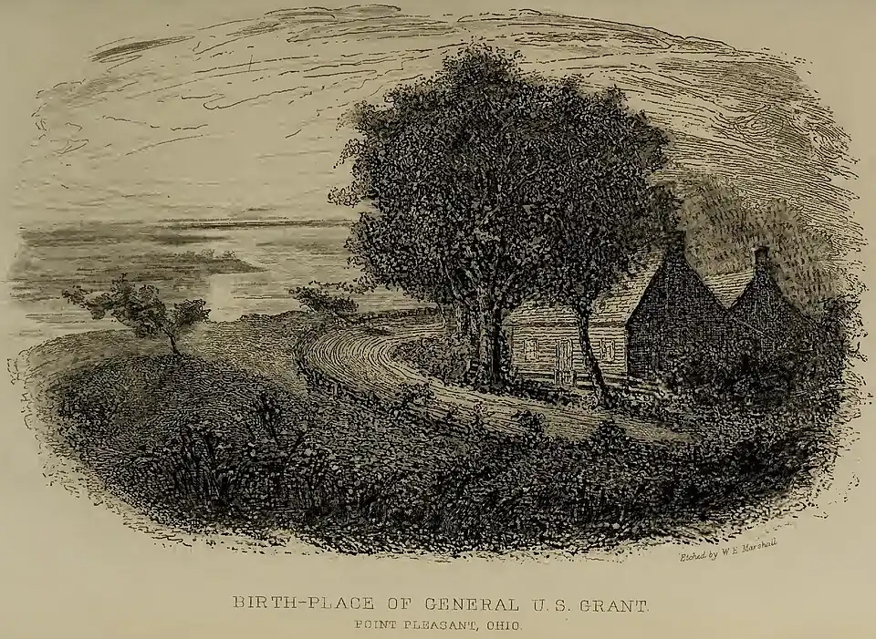 An elaborate black-and-white etching of a house with a large tree next to it and a small road winding around it with the caption below it reading “Etched by W E Marshall / BIRTH-PLACE OF GENERAL U. S. GRANT / POINT PLEASANT, OHIO.”