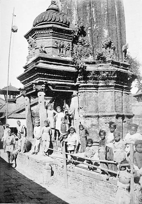 Black and white photograph of a shrine at Bhatgaon.
