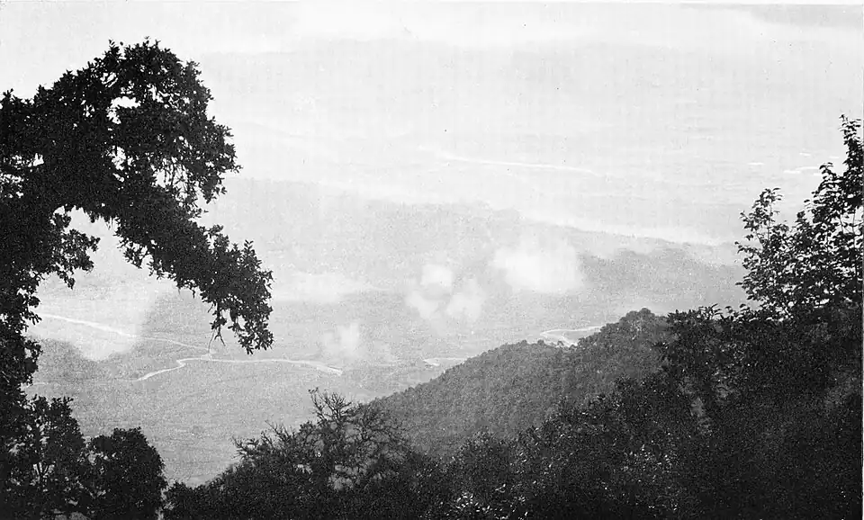 Black and white photograph of the View of the Nepal Valley from the Chandranagiri Pass.