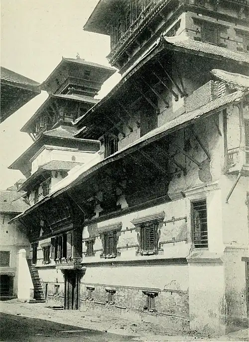 Black and white photograph of the back of the Durbar at Katmandu.