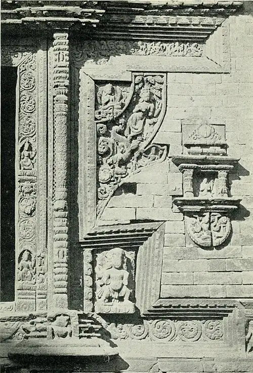 Black and white photograph of details of a temple doorway at Bhatgaon.