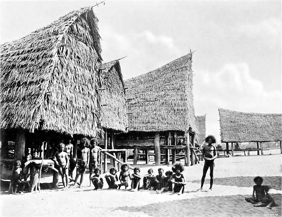 Black and white photograph of a line of large thatched, raised buildings. A line of people stand and squat in the open area of the foreground.