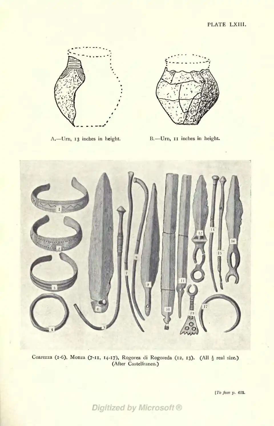 A.—Urn, 13 inches in height. B.—Urn, 11 inches in height. Coarezza (l-6), Monza (7-1 1, 14-17), Rogorea di Rogoreda (12, 13). (All ½J real size.) (After Castelfranco.) [To face p. 422.