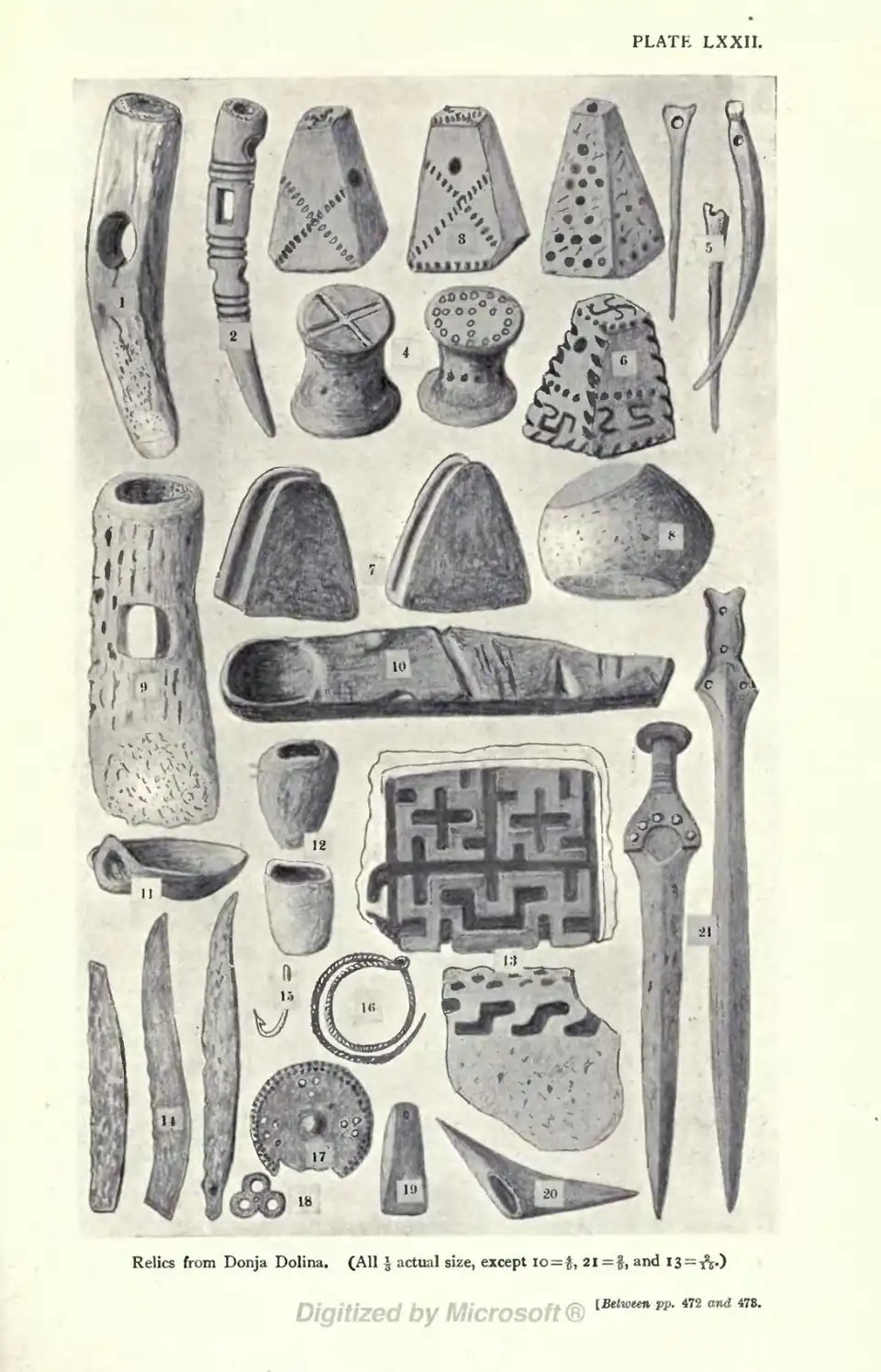 Relics from Donja Dolina. (All ⅓ actual size, except 10 = 4/9, 21 = 2/9, and 13 = 2/15) [Between pp. 472 and 473.