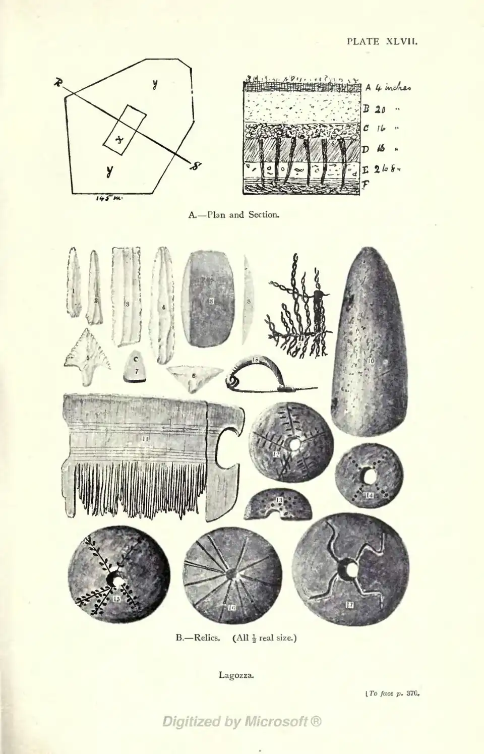 A.—Plan and Section. B.—Relics. (All ½ real size.) Lagozza. [To face p. 370,