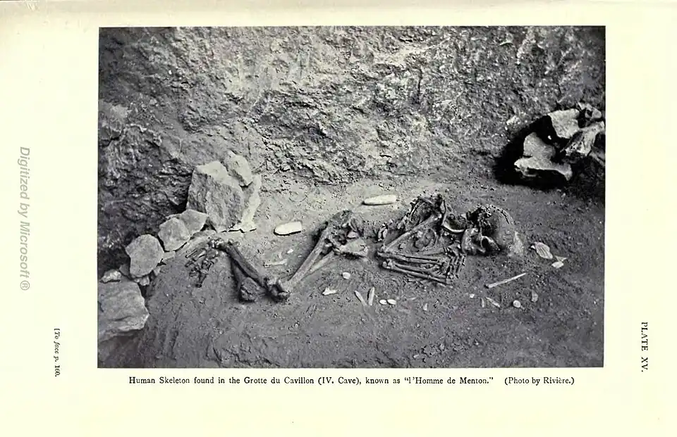 Human skeleton found in the Grotte du Cavillon (IV. Cave), known as "l'Homme de Menton". (Photo by Rivière.) [To face p. 160.
