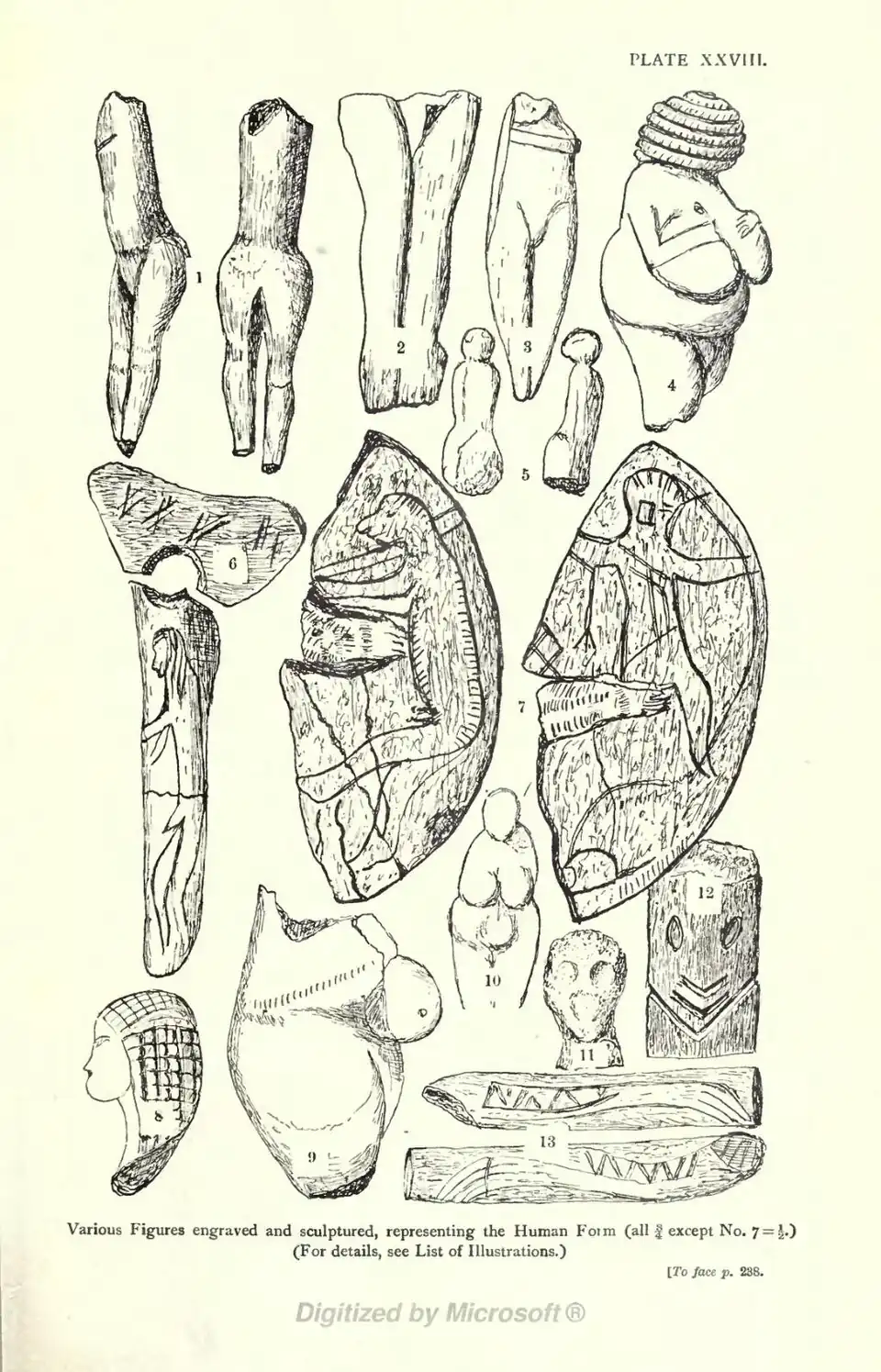Plate XXVIII. Various Figures engraved and sculptured, representing the Human Form (all ¾ except No. 7 = ½) (For details, see List of Illustrations.) [To face p. 238.