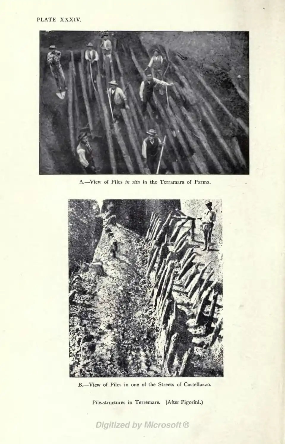 A.—View of Piles in situ in the Terramara of Parma. B.—View of Piles in one of the Streets of Castellazzo. Pile-structures in Terremare. (After Pigorini.)