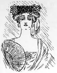 An illustration of a Spanish woman with a fan and garlands in her hair.