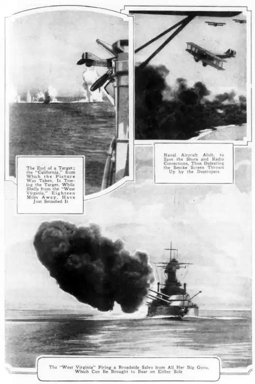 The End of a Target; the "California," from Which the Picture Was Taken, Is Towing the Target. While Shells from the "West Virginia," Eighteen Miles Away, Have Just Smashed It. Naval Aircraft Aloft, to Spot the Shots and Radio Corrections, Thus Defeating the Smoke Screen Thrown Up by the Destroyers The "West Virginia" Firing a Broadside Salvo from All Her Big Guns, Which Can Be Brought to Bear on Either Side Courtesy U.S. Navy Department