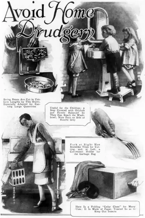 String Beans Are Cut in Uniform Lengths by This Outfit, Especially Adapted for Canning Large Quantities Useful for the Children: a Step Covered with Oilcloth and Firmly Balanced So They Can Reach the Washbowl; Note Face on Side of Handle Grip Fork at Right Has Knifelike Tines for Cutting, and, at Left, a Convenient Holder for the Garbage Bag Here Is a Folding "Cedar Chest" for Many Uses: It Is Made of Paper, Treated So as to Keep Out Insects