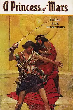 Painted cover art for a 1917 edition of from A Princess of Mars: a man with a sword stands in front of and defends a woman in a long red cloak