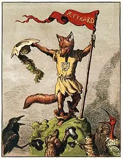An illustration of an anthropomorphic fox holding a flag.